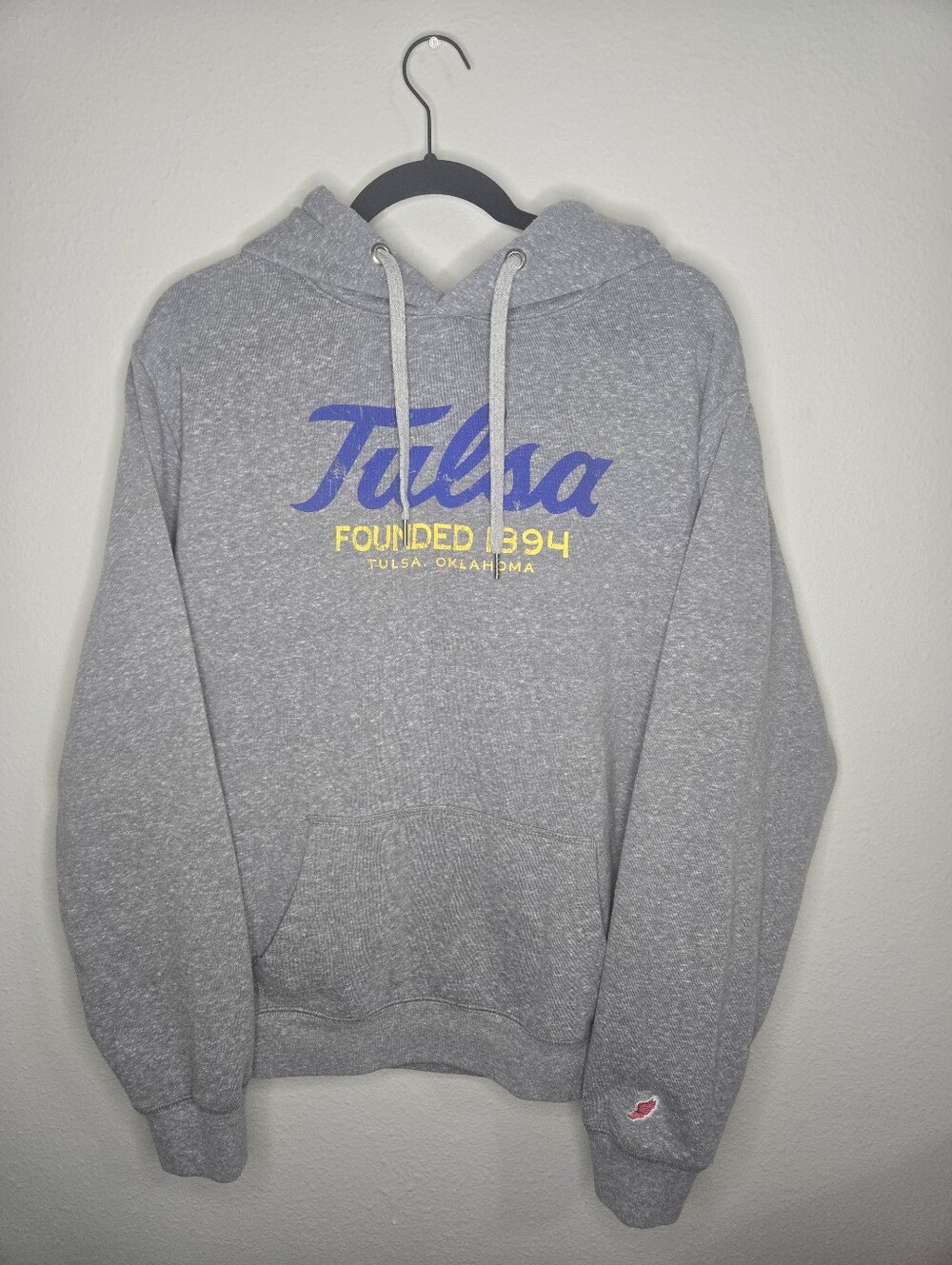 League Grey Hoodie with Blue Tulsa Script and Yellow Accent